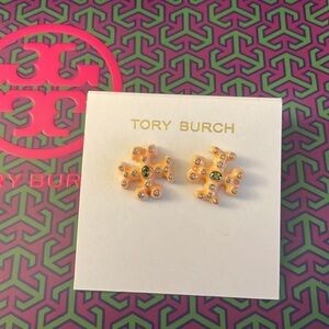 Tory Burch Crystal Logo Stud Earrings Gold Tone Floral Clover Statement